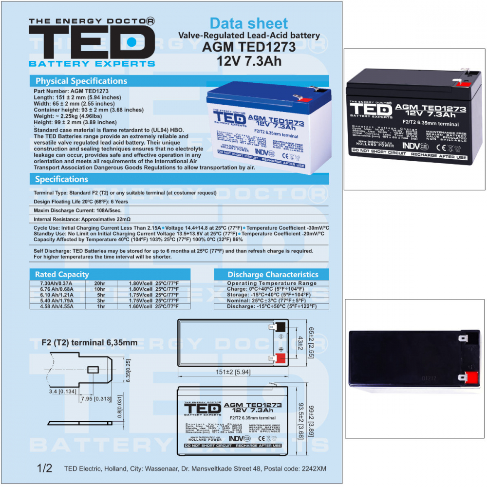 Baterie Reincarcabila F2/T2 12V Stationara VRLA 7.3Ah AGM, Dimensiuni 151x65x94 mm, TED Electric TED1273, pentru Sisteme UPS, Backup, Securitate, Echipamente Medicale, Energie Regenerabila [5]
