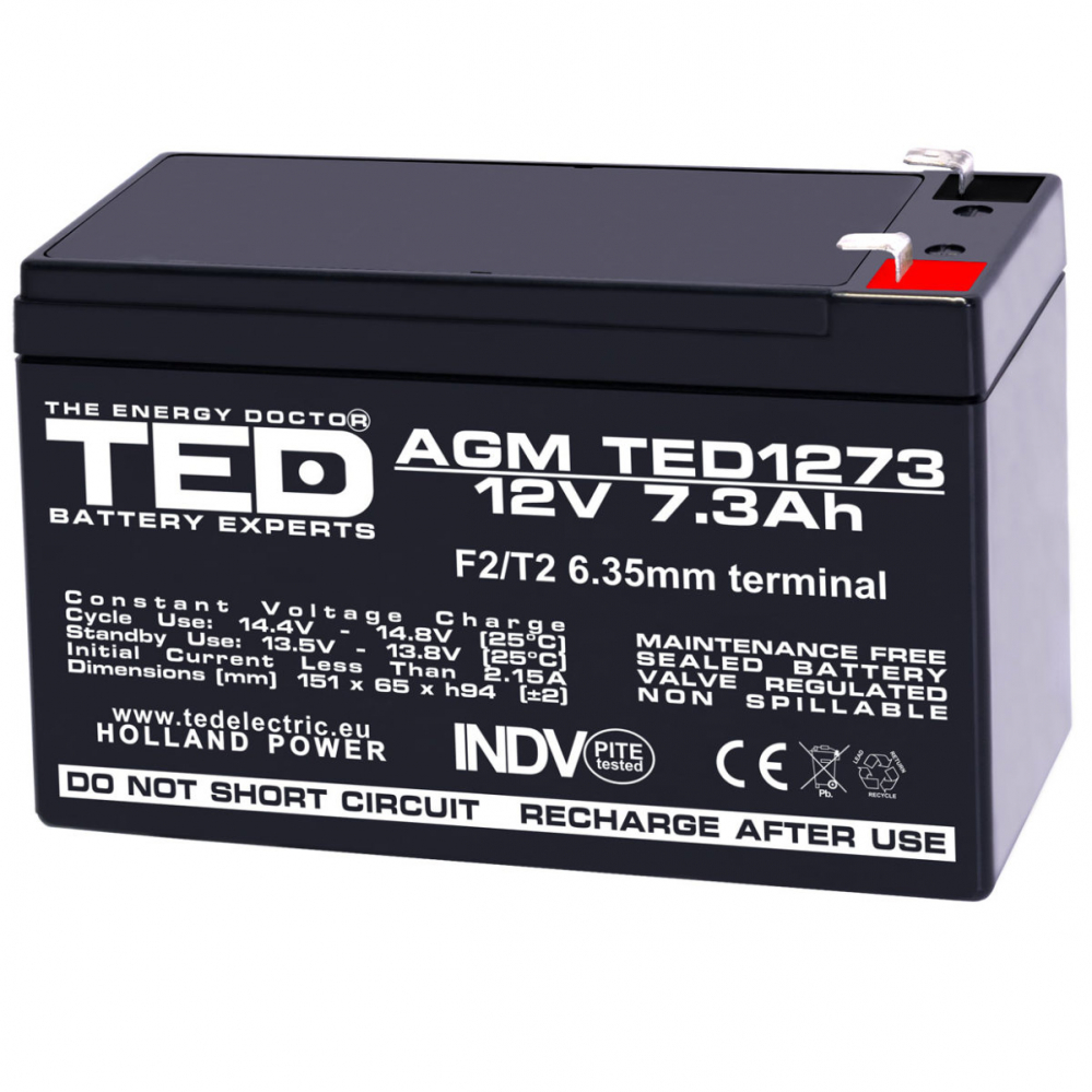 Baterie Reincarcabila F2/T2 12V Stationara VRLA 7.3Ah AGM, Dimensiuni 151x65x94 mm, TED Electric TED1273, pentru Sisteme UPS, Backup, Securitate, Echipamente Medicale, Energie Regenerabila [1]