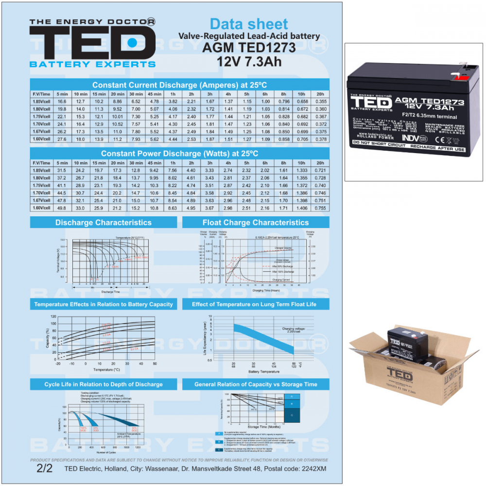 Baterie Reincarcabila F2/T2 12V Stationara VRLA 7.3Ah AGM, Dimensiuni 151x65x94 mm, TED Electric TED1273, pentru Sisteme UPS, Backup, Securitate, Echipamente Medicale, Energie Regenerabila [6]