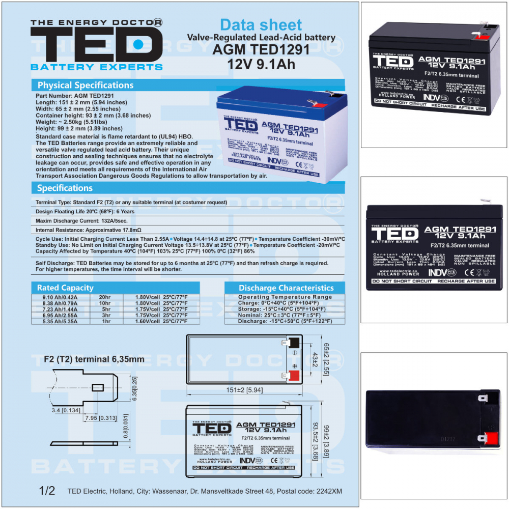 Baterie Reincarcabila F2/T2 12V Stationara VRLA 9.1Ah AGM, Dimensiuni 151x65x94 mm, TED Electric TED1291, pentru Sisteme UPS, Backup, Securitate, Echipamente Medicale, Iluminare, Stocare Energie [6]