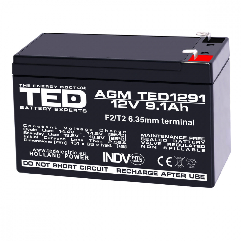 Baterie Reincarcabila F2/T2 12V Stationara VRLA 9.1Ah AGM, Dimensiuni 151x65x94 mm, TED Electric TED1291, pentru Sisteme UPS, Backup, Securitate, Echipamente Medicale, Iluminare, Stocare Energie [1]