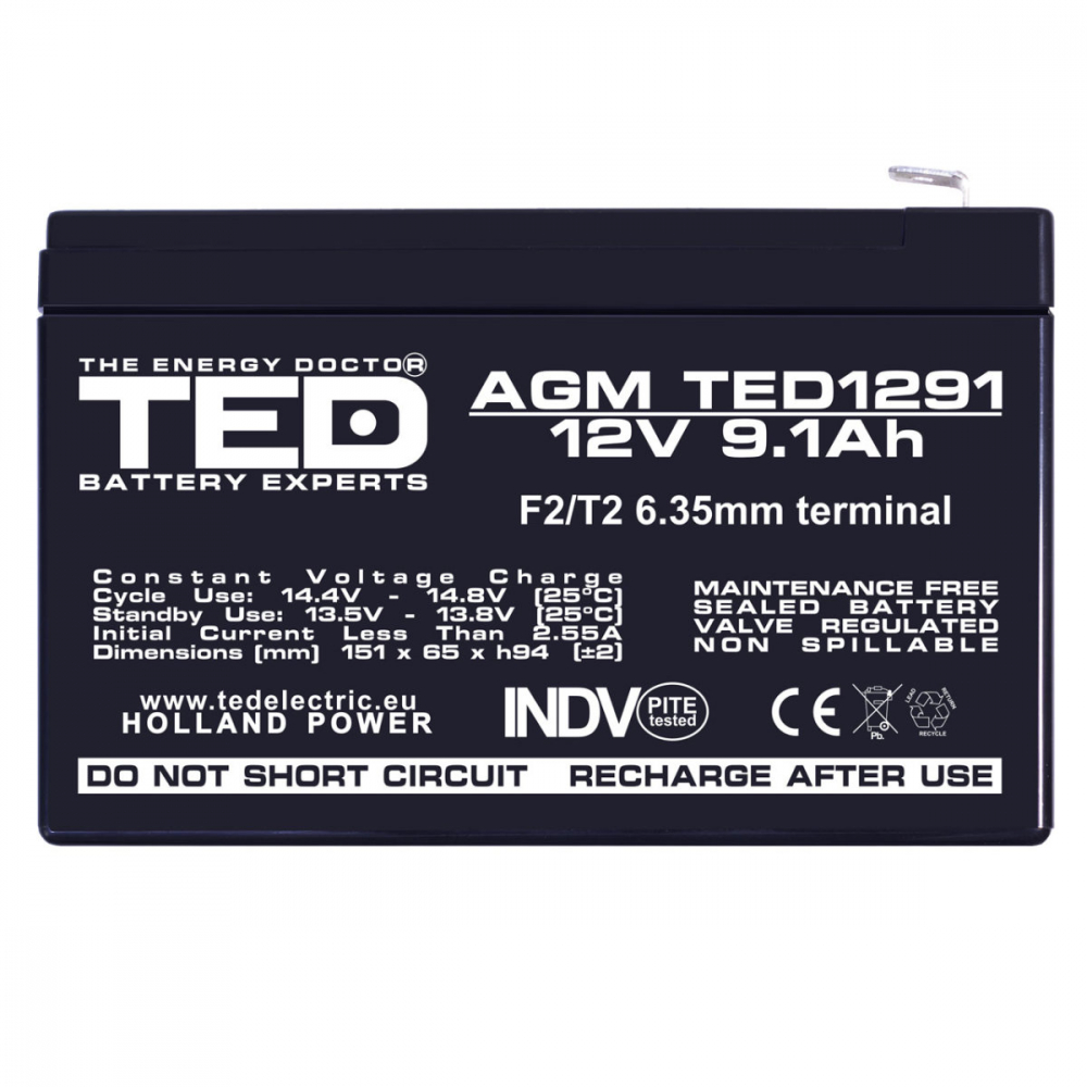 Baterie Reincarcabila F2/T2 12V Stationara VRLA 9.1Ah AGM, Dimensiuni 151x65x94 mm, TED Electric TED1291, pentru Sisteme UPS, Backup, Securitate, Echipamente Medicale, Iluminare, Stocare Energie [2]