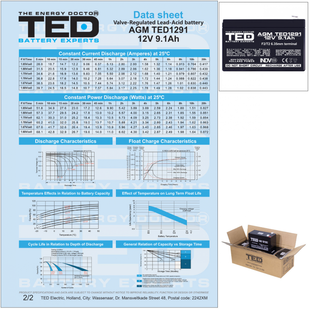 Baterie Reincarcabila F2/T2 12V Stationara VRLA 9.1Ah AGM, Dimensiuni 151x65x94 mm, TED Electric TED1291, pentru Sisteme UPS, Backup, Securitate, Echipamente Medicale, Iluminare, Stocare Energie [7]