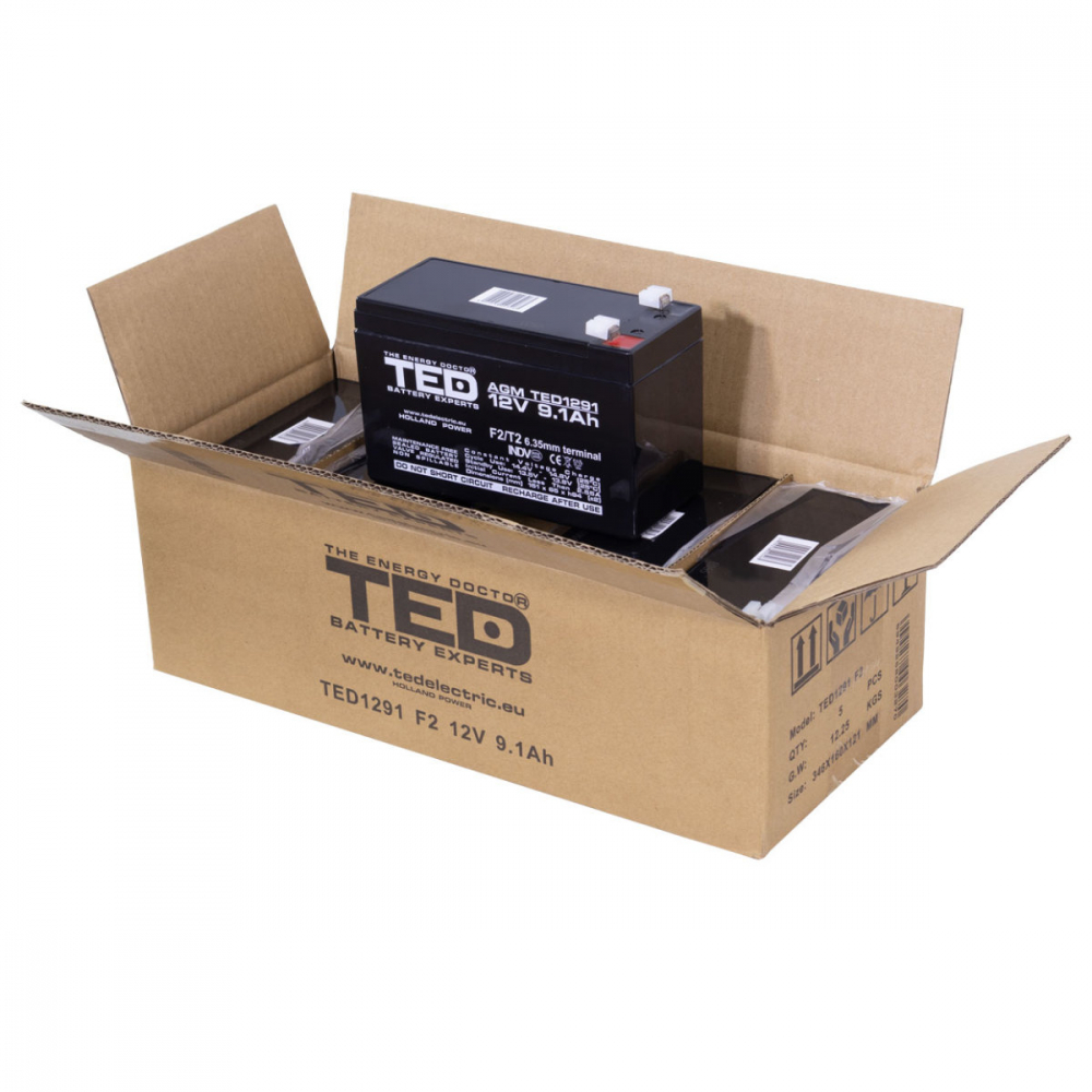 Baterie Reincarcabila F2/T2 12V Stationara VRLA 9.1Ah AGM, Dimensiuni 151x65x94 mm, TED Electric TED1291, pentru Sisteme UPS, Backup, Securitate, Echipamente Medicale, Iluminare, Stocare Energie [4]