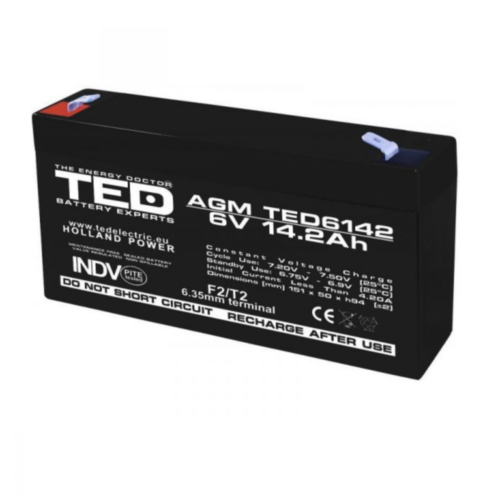 Baterie Reincarcabila F2/T2 6V Stationara VRLA 14.2Ah AGM, Dimensiuni 151x50x95 mm, TED Electric TED6142, pentru Jucarii Electrice, Echipamente Medicale, Senzori, Dispozitive Portabile [1]