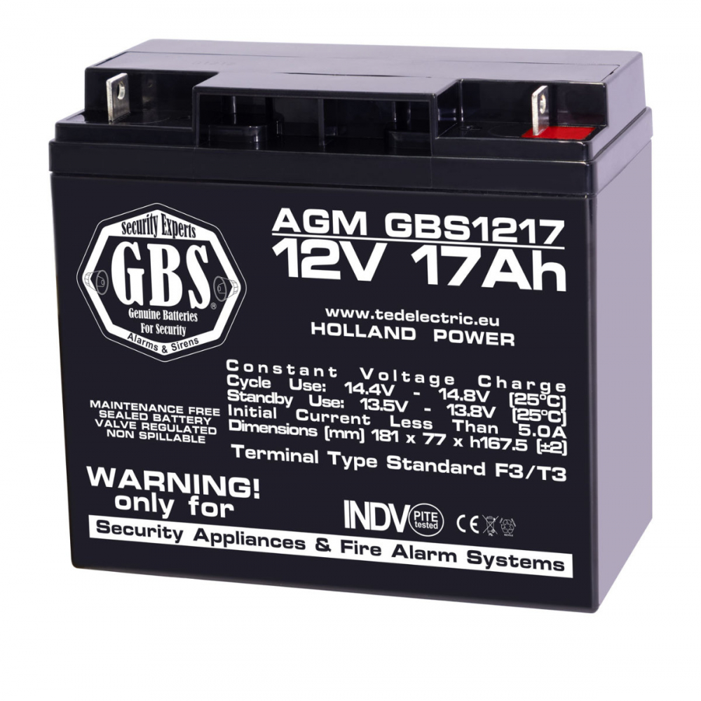 Baterie Reincarcabila F3 12V Stationara VRLA 17Ah AGM, Dimensiuni 181x76x167 mm, TED Electric GBS1217, pentru sisteme de alarma, CCTV, control acces si panouri de securitate [1]