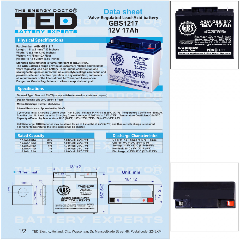 Baterie Reincarcabila F3 12V Stationara VRLA 17Ah AGM, Dimensiuni 181x76x167 mm, TED Electric GBS1217, pentru sisteme de alarma, CCTV, control acces si panouri de securitate [5]