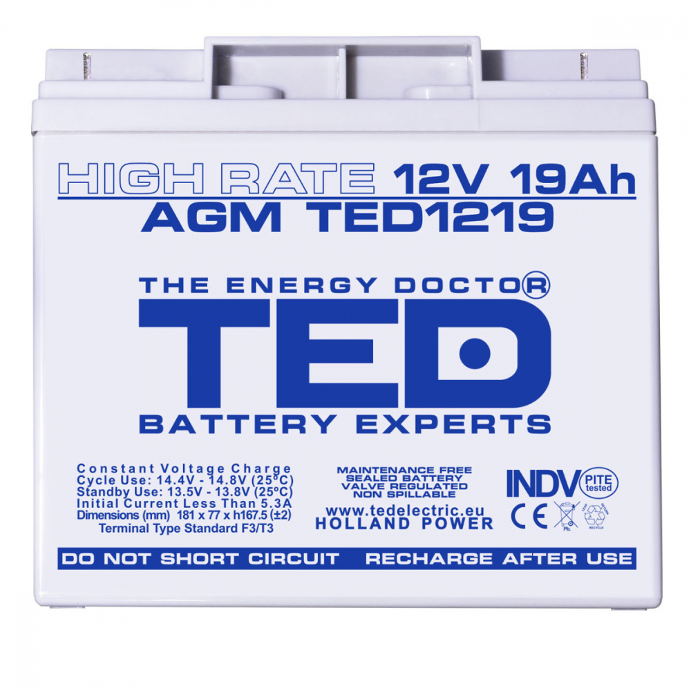 Baterie Reincarcabila F3 12V Stationara VRLA High Rate 19Ah AGM, Dimensiuni 181x76x167 mm, TED Electric TED1219, pentru UPS, echipamente medicale, industriale si iluminat portabil [2]