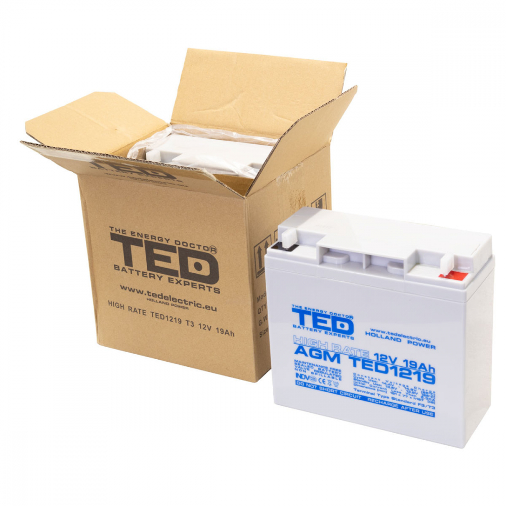 Baterie Reincarcabila F3 12V Stationara VRLA High Rate 19Ah AGM, Dimensiuni 181x76x167 mm, TED Electric TED1219, pentru UPS, echipamente medicale, industriale si iluminat portabil [5]