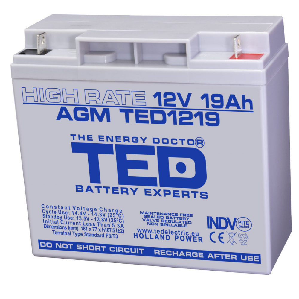 Baterie Reincarcabila F3 12V Stationara VRLA High Rate 19Ah AGM, Dimensiuni 181x76x167 mm, TED Electric TED1219, pentru UPS, echipamente medicale, industriale si iluminat portabil [1]