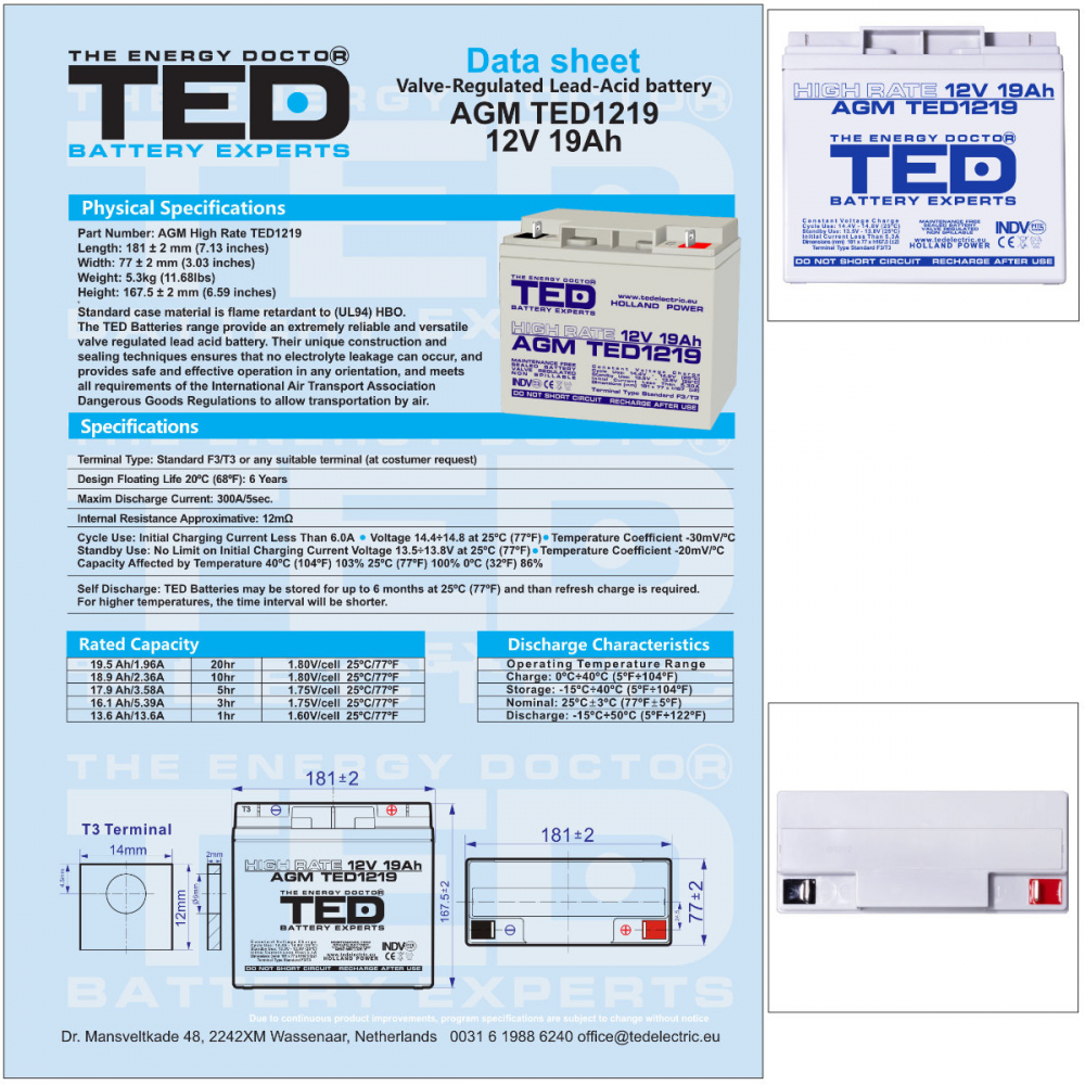 Baterie Reincarcabila F3 12V Stationara VRLA High Rate 19Ah AGM, Dimensiuni 181x76x167 mm, TED Electric TED1219, pentru UPS, echipamente medicale, industriale si iluminat portabil [6]