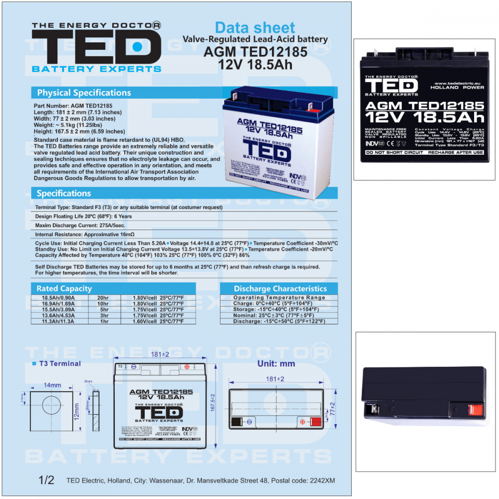 Baterie Reincarcabila F3/T3 12V Stationara VRLA 18.5Ah AGM, Dimensiuni 181x77x167 mm, TED Electric TED12185, pentru sisteme UPS industriale, echipamente medicale, securitate, telecomunicatii, energie [5]
