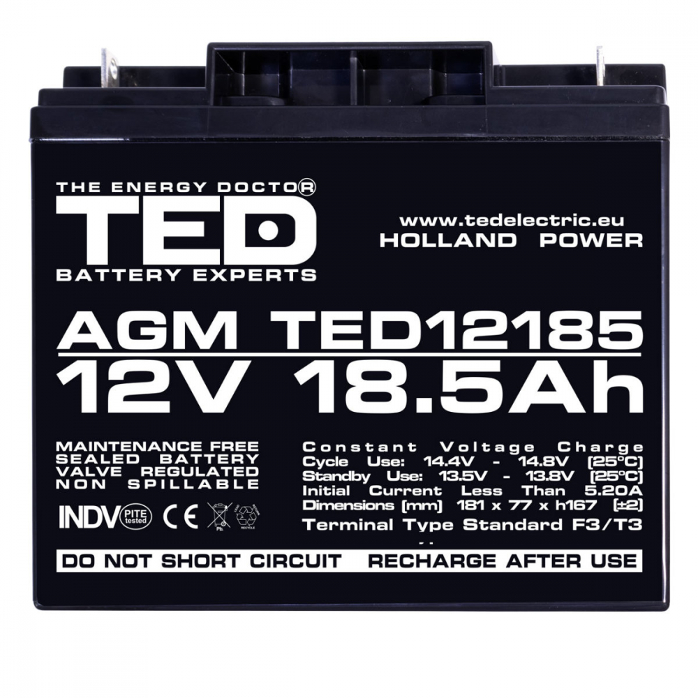 Baterie Reincarcabila F3/T3 12V Stationara VRLA 18.5Ah AGM, Dimensiuni 181x77x167 mm, TED Electric TED12185, pentru sisteme UPS industriale, echipamente medicale, securitate, telecomunicatii, energie [2]