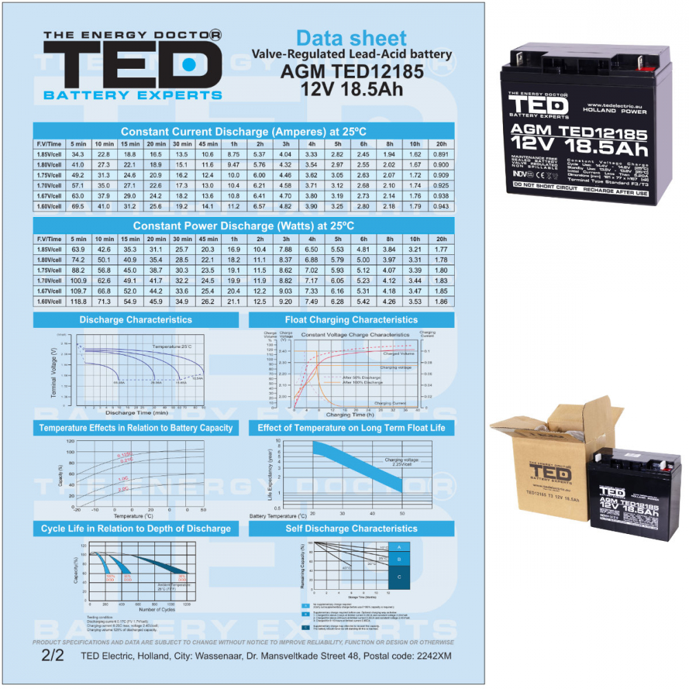 Baterie Reincarcabila F3/T3 12V Stationara VRLA 18.5Ah AGM, Dimensiuni 181x77x167 mm, TED Electric TED12185, pentru sisteme UPS industriale, echipamente medicale, securitate, telecomunicatii, energie [6]