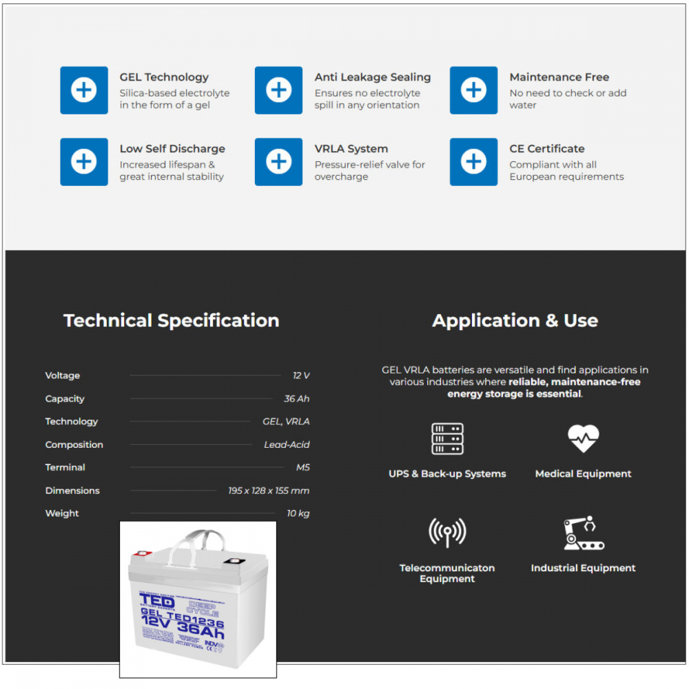 Baterie Reincarcabila GEL Deep Cycle 12V 36Ah VRLA, Dimensiuni 195x128x155 mm, TED Electric TED1236, pentru sisteme UPS, backup, energie solara, echipamente medicale, telecomunicatii, industrial [2]
