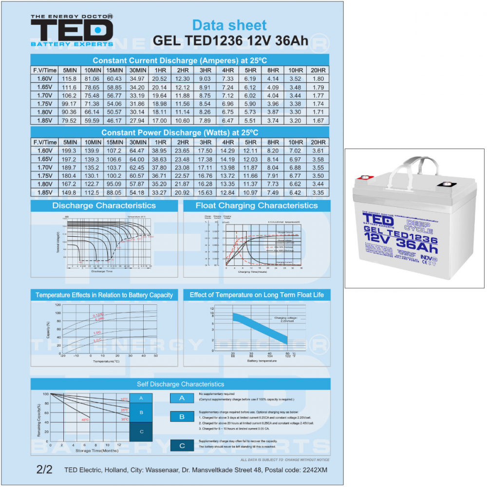 Baterie Reincarcabila GEL Deep Cycle 12V 36Ah VRLA, Dimensiuni 195x128x155 mm, TED Electric TED1236, pentru sisteme UPS, backup, energie solara, echipamente medicale, telecomunicatii, industrial [4]