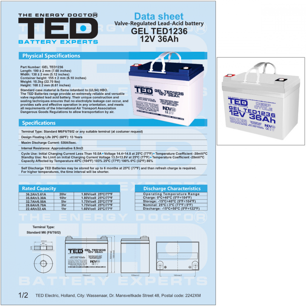 Baterie Reincarcabila GEL Deep Cycle 12V 36Ah VRLA, Dimensiuni 195x128x155 mm, TED Electric TED1236, pentru sisteme UPS, backup, energie solara, echipamente medicale, telecomunicatii, industrial [3]