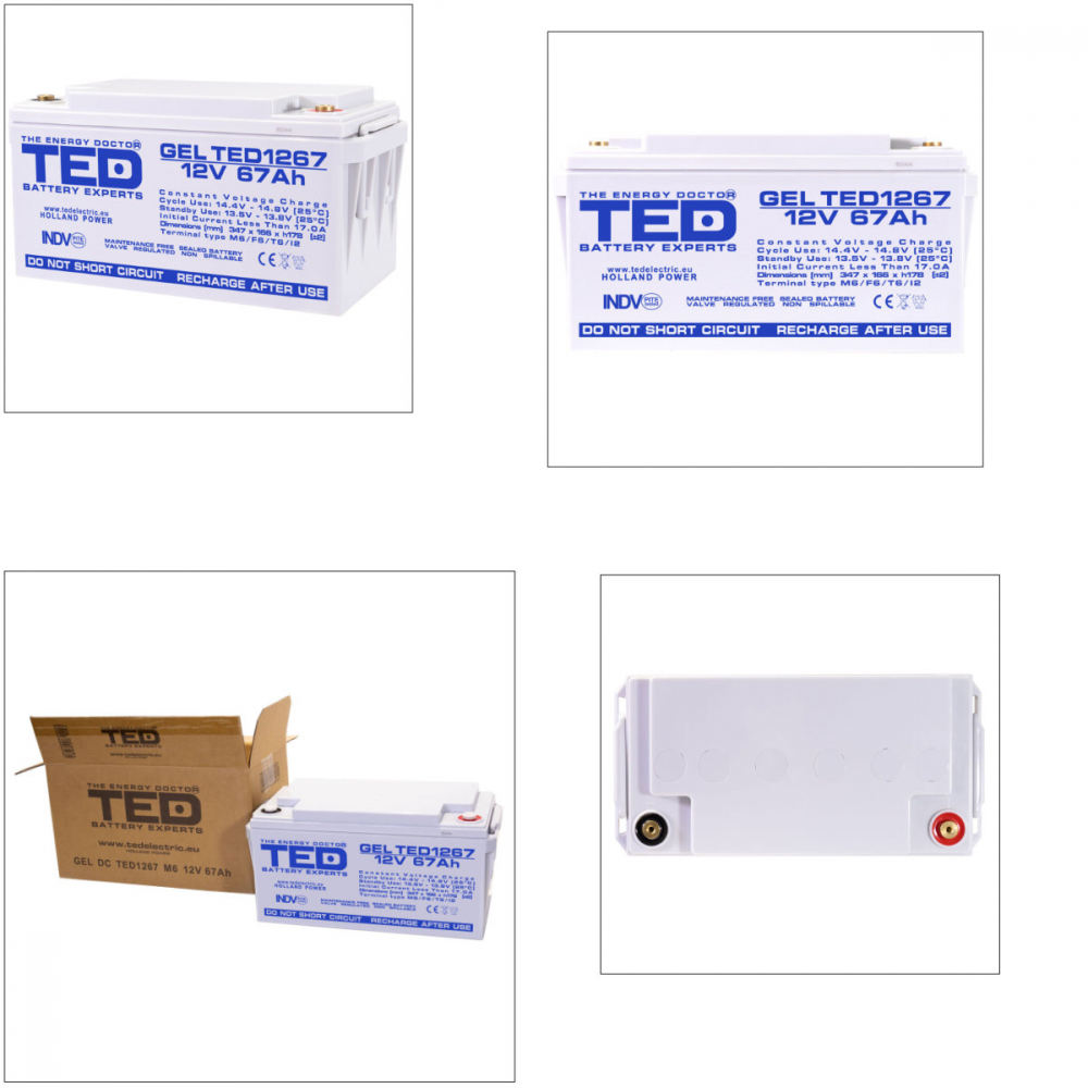 Baterie Reincarcabila GEL Deep Cycle 12V 67Ah M6 VRLA, Dimensiuni 350x166x176 mm, TED Electric TED1267, pentru Aplicatii Industriale, UPS, Energie Regenerabila, Echipamente Medicale [4]