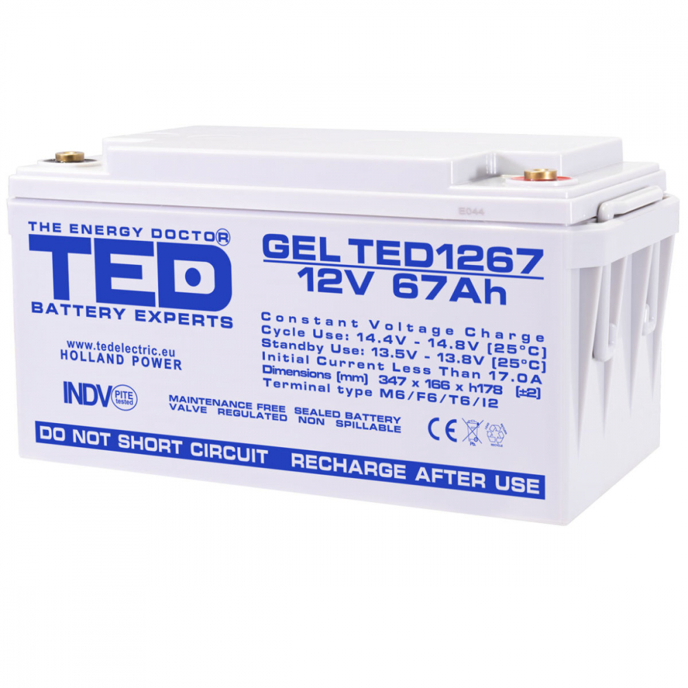 Baterie Reincarcabila GEL Deep Cycle 12V 67Ah M6 VRLA, Dimensiuni 350x166x176 mm, TED Electric TED1267, pentru Aplicatii Industriale, UPS, Energie Regenerabila, Echipamente Medicale [1]
