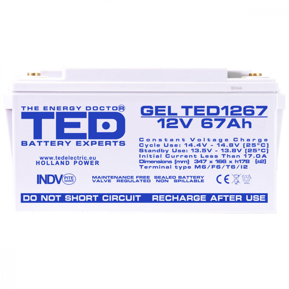 Baterie Reincarcabila GEL Deep Cycle 12V 67Ah M6 VRLA, Dimensiuni 350x166x176 mm, TED Electric TED1267, pentru Aplicatii Industriale, UPS, Energie Regenerabila, Echipamente Medicale [2]