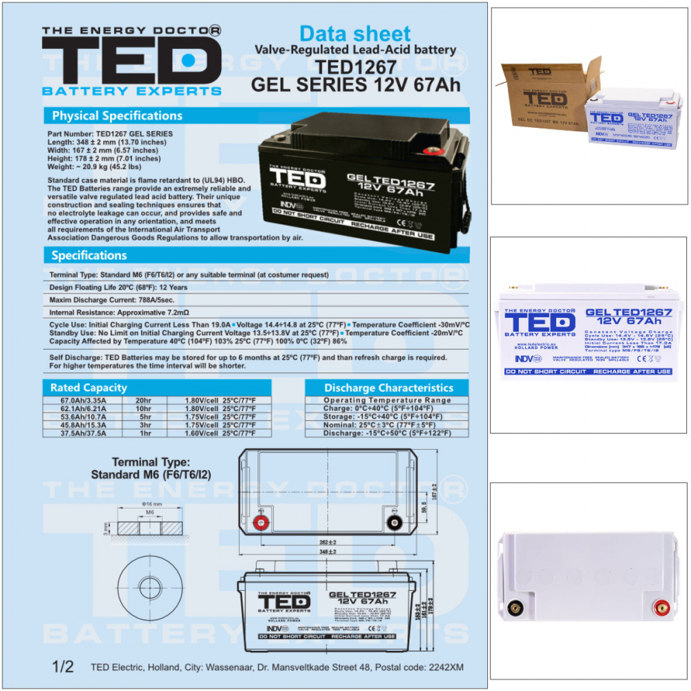 Baterie Reincarcabila GEL Deep Cycle 12V 67Ah M6 VRLA, Dimensiuni 350x166x176 mm, TED Electric TED1267, pentru Aplicatii Industriale, UPS, Energie Regenerabila, Echipamente Medicale [6]