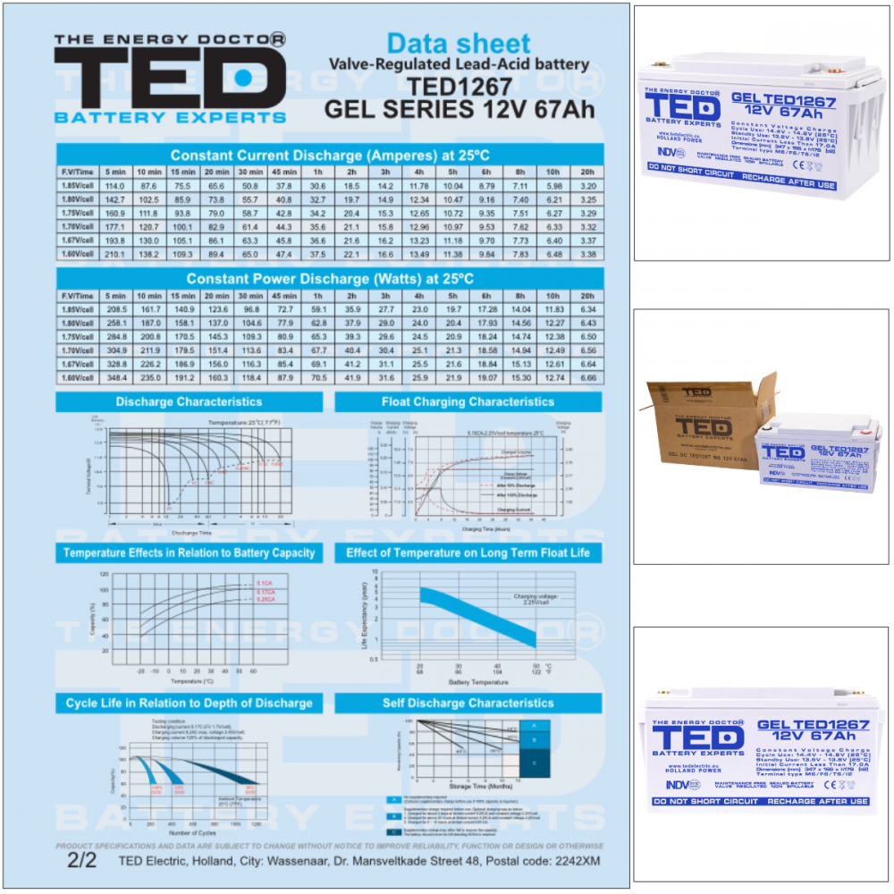 Baterie Reincarcabila GEL Deep Cycle 12V 67Ah M6 VRLA, Dimensiuni 350x166x176 mm, TED Electric TED1267, pentru Aplicatii Industriale, UPS, Energie Regenerabila, Echipamente Medicale [7]
