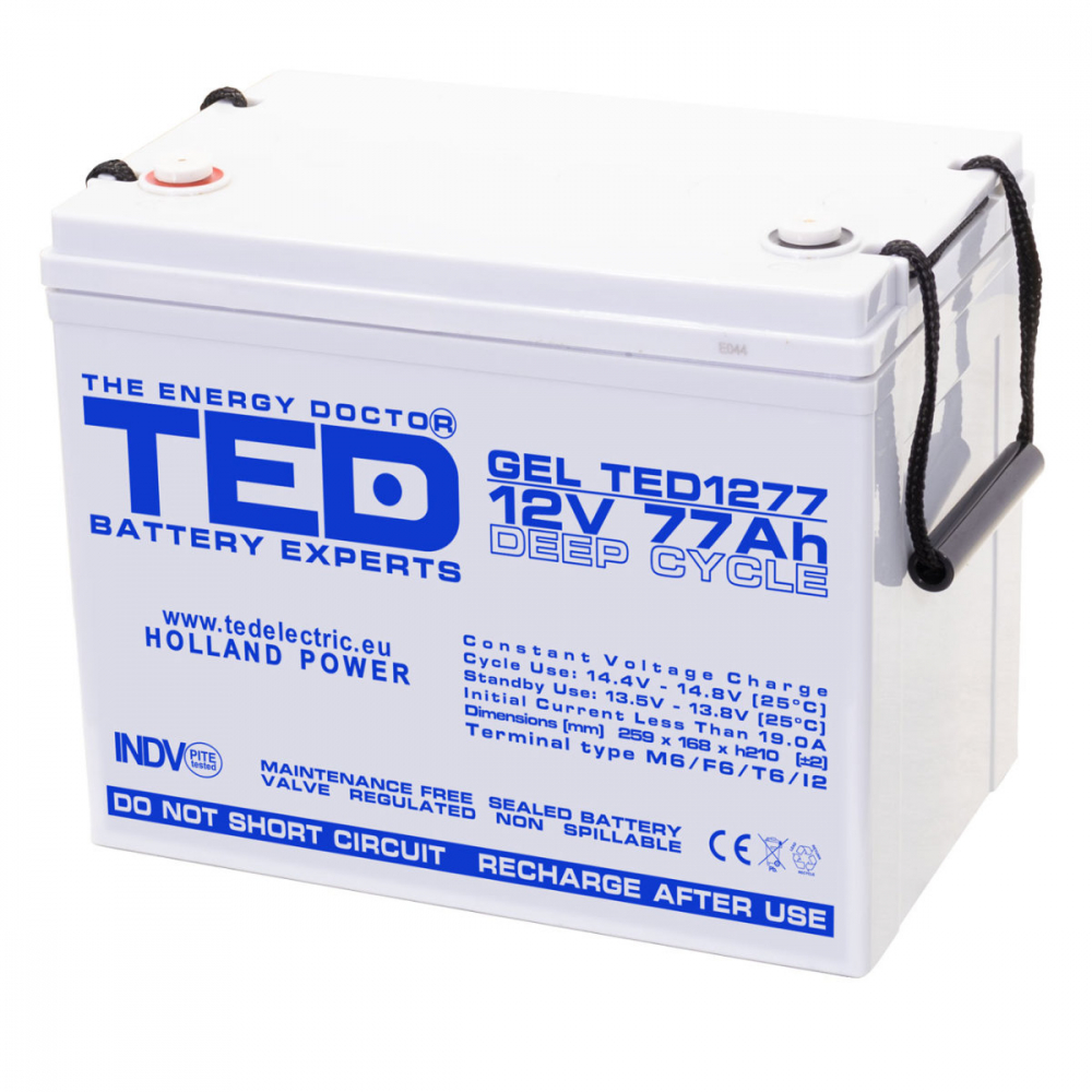 Baterie Reincarcabila GEL Deep Cycle 12V 77Ah M6 VRLA, Dimensiuni 259x168x211 mm, TED Electric TED1277, pentru Aplicatii Industriale, UPS, Energie Regenerabila, Telecomunicatii [1]