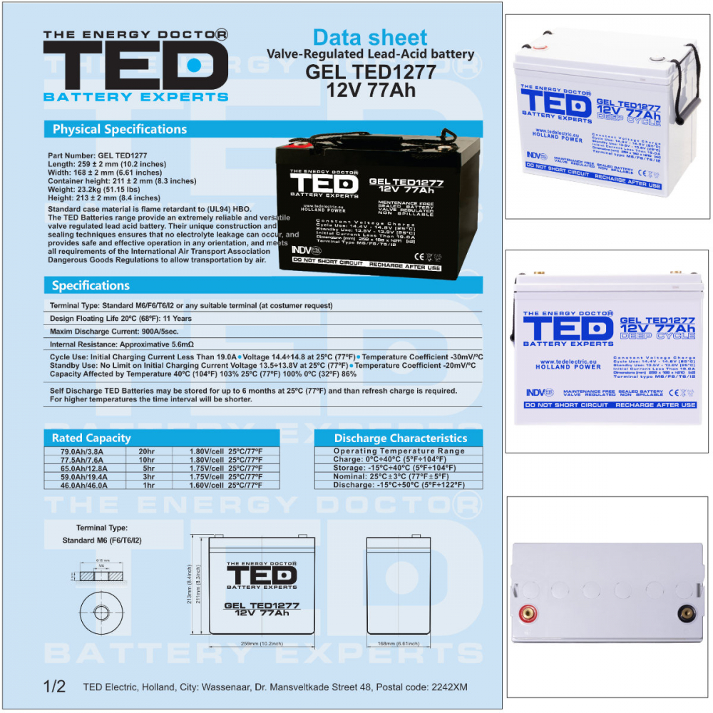 Baterie Reincarcabila GEL Deep Cycle 12V 77Ah M6 VRLA, Dimensiuni 259x168x211 mm, TED Electric TED1277, pentru Aplicatii Industriale, UPS, Energie Regenerabila, Telecomunicatii [5]