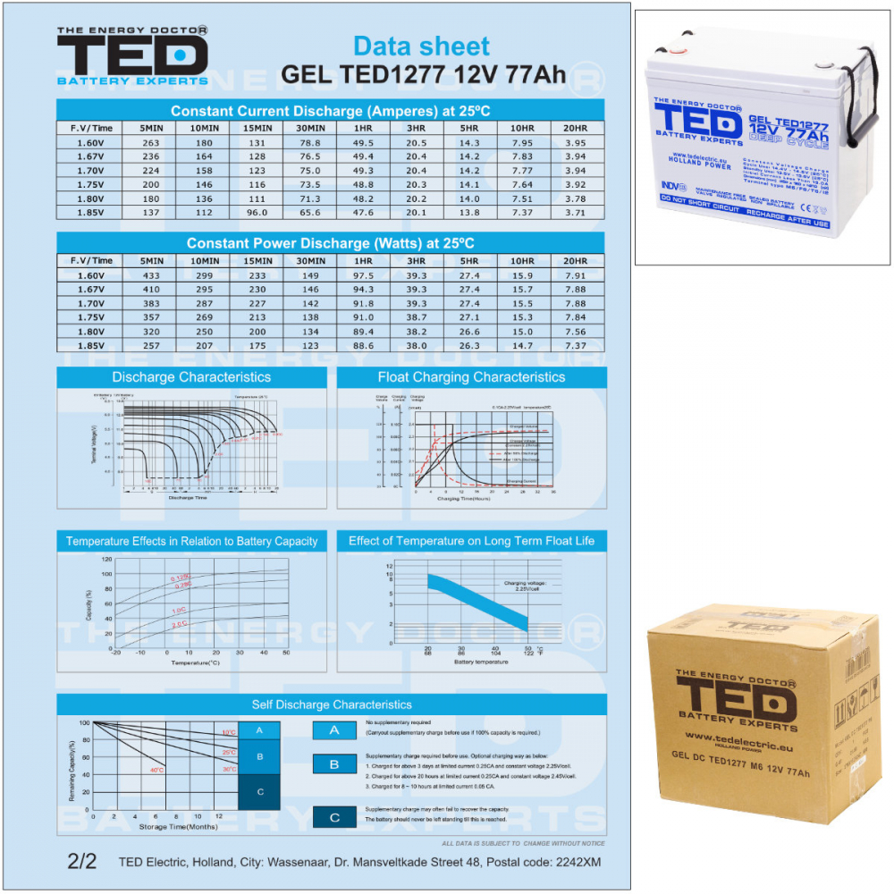 Baterie Reincarcabila GEL Deep Cycle 12V 77Ah M6 VRLA, Dimensiuni 259x168x211 mm, TED Electric TED1277, pentru Aplicatii Industriale, UPS, Energie Regenerabila, Telecomunicatii [6]