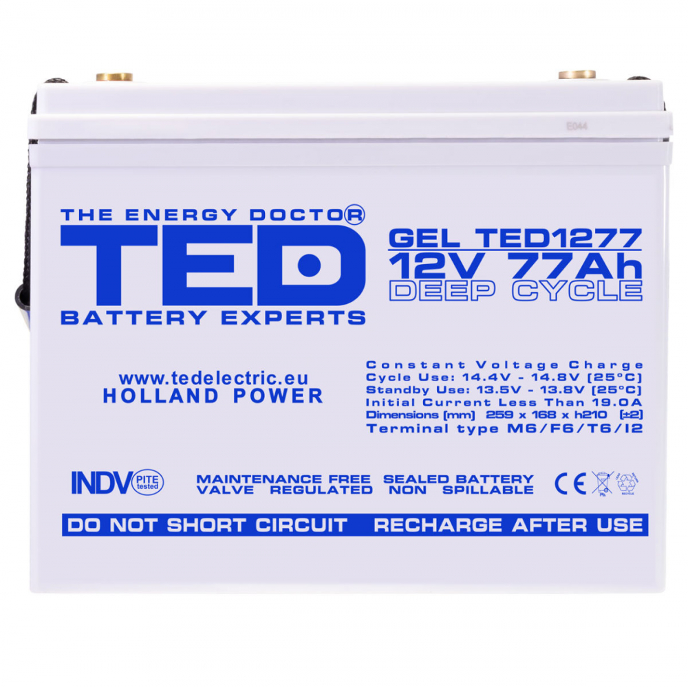 Baterie Reincarcabila GEL Deep Cycle 12V 77Ah M6 VRLA, Dimensiuni 259x168x211 mm, TED Electric TED1277, pentru Aplicatii Industriale, UPS, Energie Regenerabila, Telecomunicatii [2]