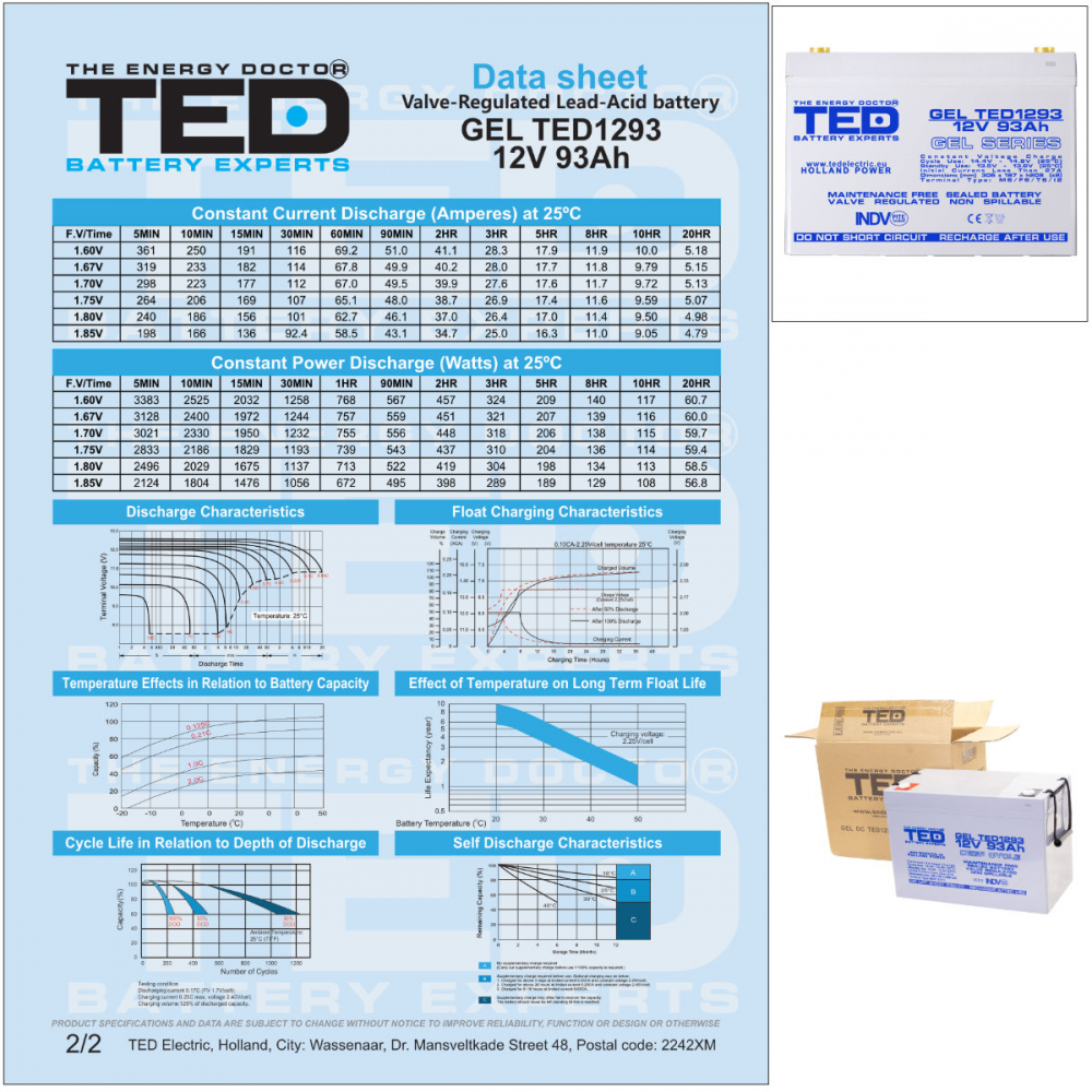 Baterie Reincarcabila GEL Deep Cycle Solar 12V 93Ah M8 VRLA, Dimensiuni 305x167x208 mm, TED Electric TED1293, pentru Sisteme Solare, UPS, Telecomunicatii, Echipamente Industriale [7]