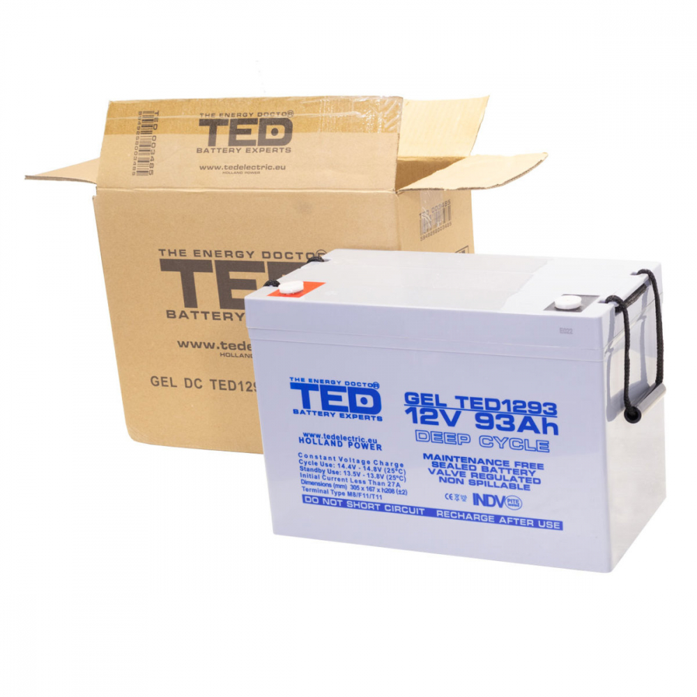 Baterie Reincarcabila GEL Deep Cycle Solar 12V 93Ah M8 VRLA, Dimensiuni 305x167x208 mm, TED Electric TED1293, pentru Sisteme Solare, UPS, Telecomunicatii, Echipamente Industriale [4]