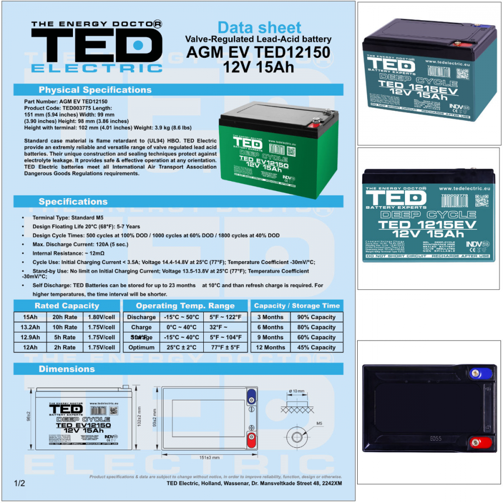 Baterie Reincarcabila M5 12V GEL VRLA 15Ah, Dimensiuni 151x98x95 mm, TED Electric TEDEV12150, pentru Vehicule Electrice, UPS, Echipamente Medicale [6]