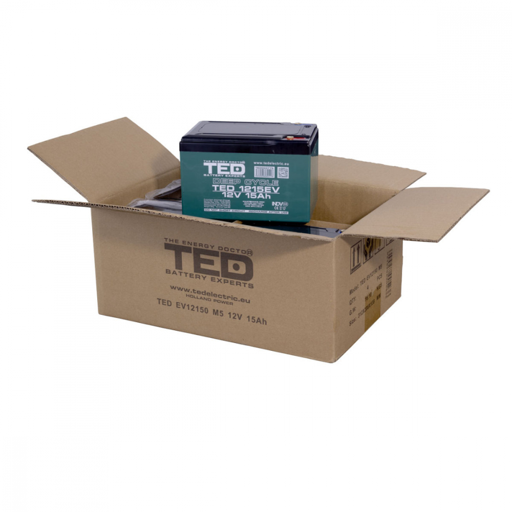 Baterie Reincarcabila M5 12V GEL VRLA 15Ah, Dimensiuni 151x98x95 mm, TED Electric TEDEV12150, pentru Vehicule Electrice, UPS, Echipamente Medicale [4]