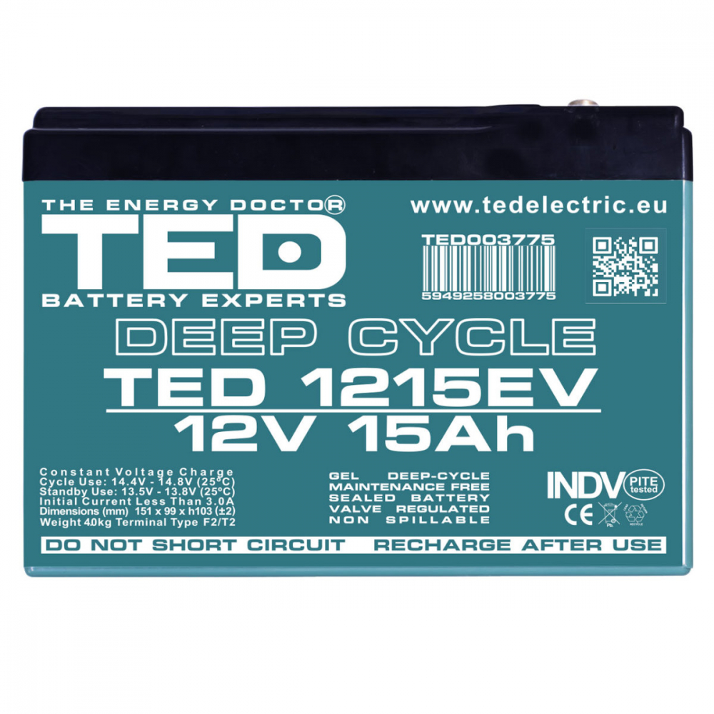 Baterie Reincarcabila M5 12V GEL VRLA 15Ah, Dimensiuni 151x98x95 mm, TED Electric TEDEV12150, pentru Vehicule Electrice, UPS, Echipamente Medicale [2]