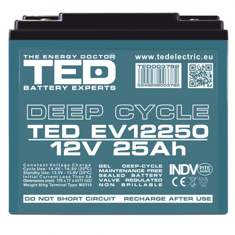 Baterie Reincarcabila M5 12V GEL VRLA 25Ah, Dimensiuni 181x76x167 mm, TED Electric TEDEV12250, pentru Vehicule Electrice, UPS, Echipamente Medicale [2]