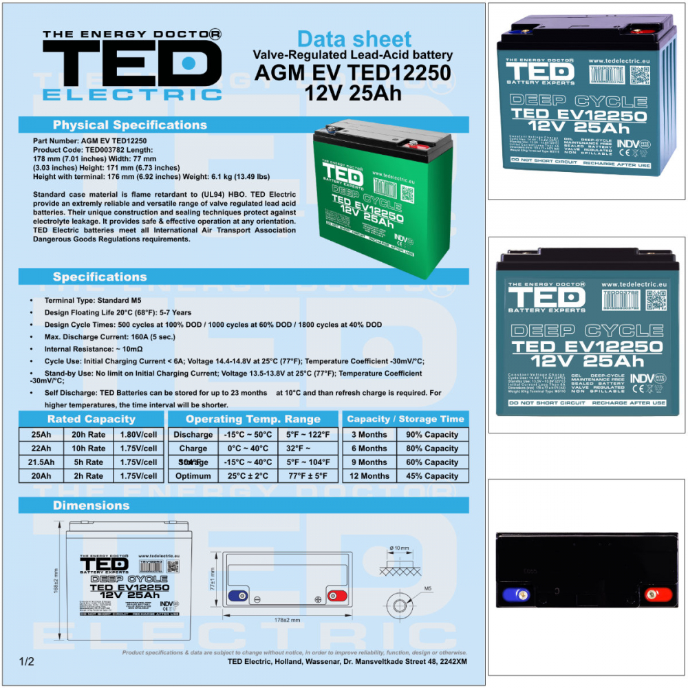 Baterie Reincarcabila M5 12V GEL VRLA 25Ah, Dimensiuni 181x76x167 mm, TED Electric TEDEV12250, pentru Vehicule Electrice, UPS, Echipamente Medicale [5]