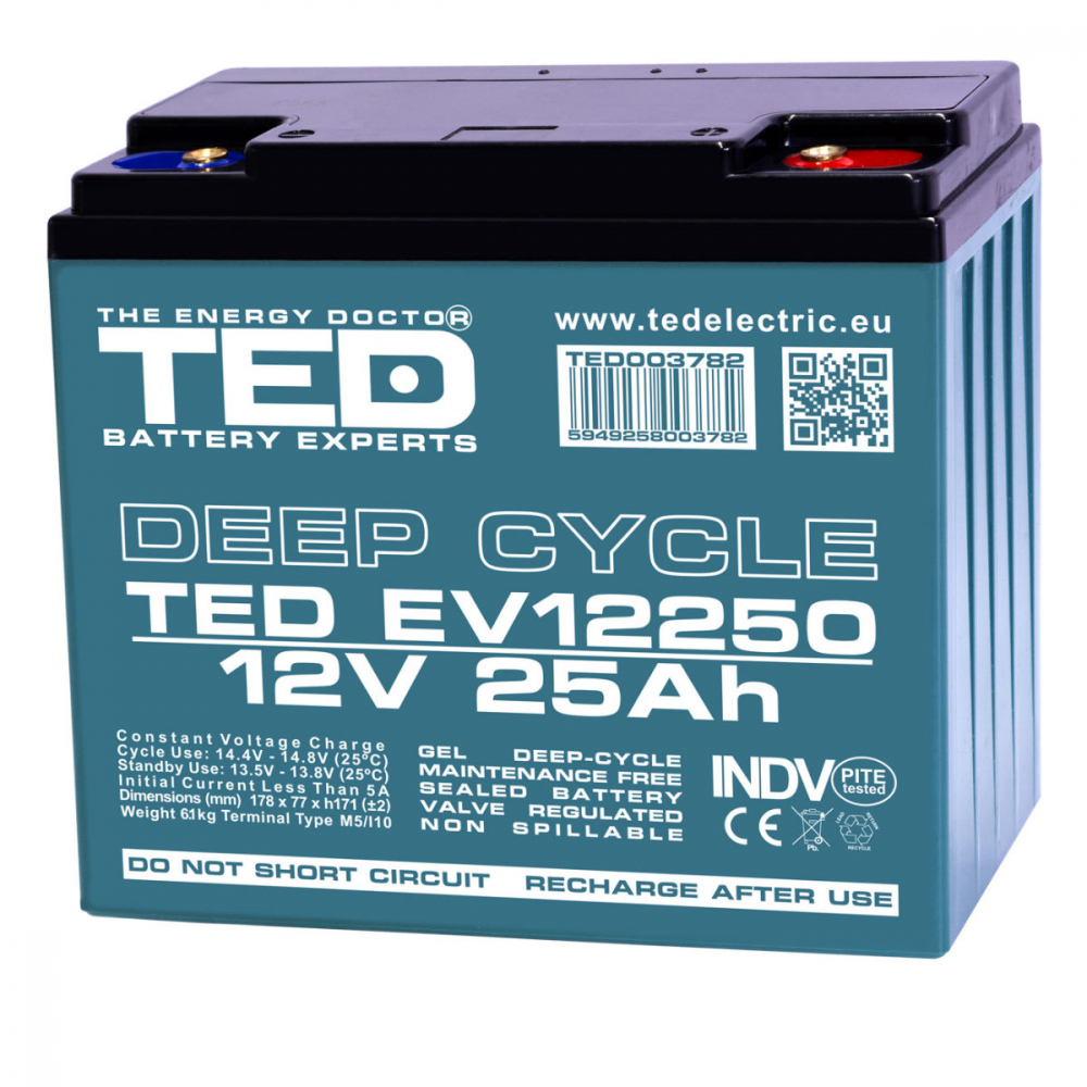 Baterie Reincarcabila M5 12V GEL VRLA 25Ah, Dimensiuni 181x76x167 mm, TED Electric TEDEV12250, pentru Vehicule Electrice, UPS, Echipamente Medicale [1]