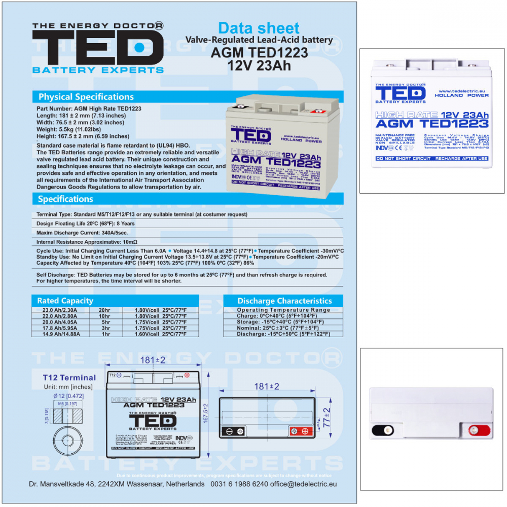 Baterie Reincarcabila M5 12V Stationara VRLA 23Ah AGM High Rate, Dimensiuni 181x76x167 mm, TED Electric TED1223, pentru sisteme UPS, backup, echipamente medicale, industriale, echipamente portabile [5]