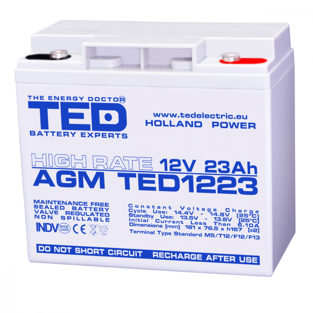 Baterie Reincarcabila M5 12V Stationara VRLA 23Ah AGM High Rate, Dimensiuni 181x76x167 mm, TED Electric TED1223, pentru sisteme UPS, backup, echipamente medicale, industriale, echipamente portabile [1]