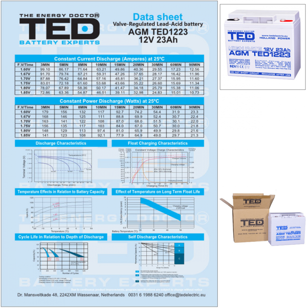 Baterie Reincarcabila M5 12V Stationara VRLA 23Ah AGM High Rate, Dimensiuni 181x76x167 mm, TED Electric TED1223, pentru sisteme UPS, backup, echipamente medicale, industriale, echipamente portabile [6]