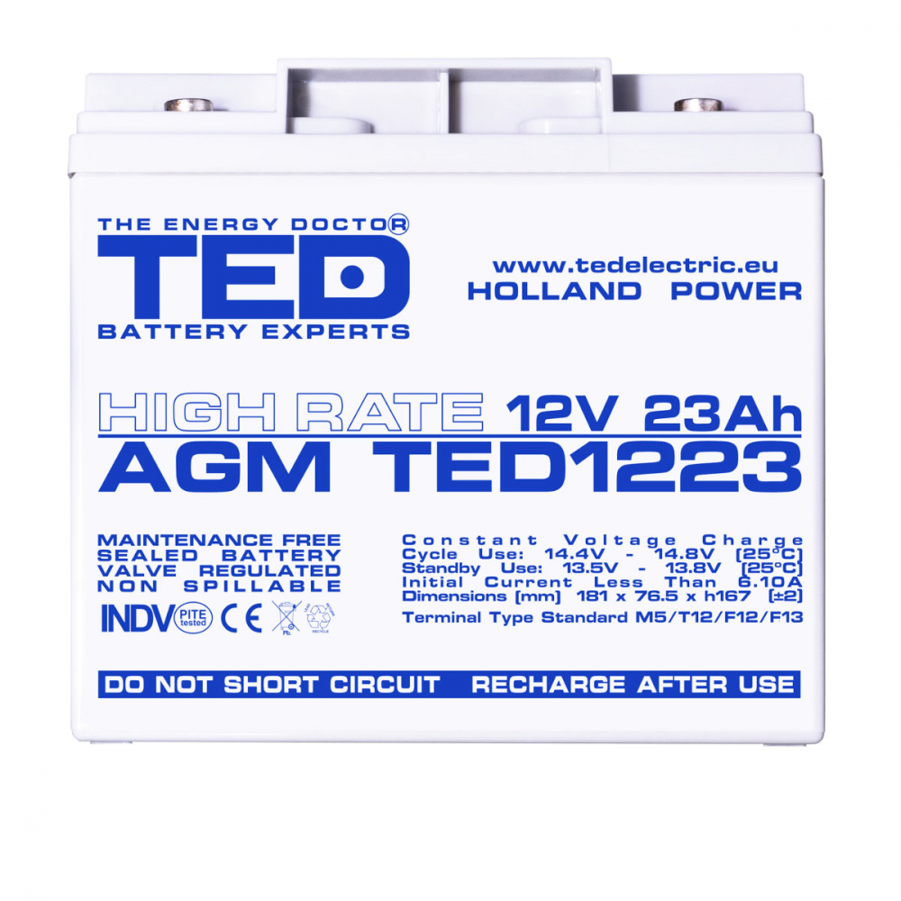 Baterie Reincarcabila M5 12V Stationara VRLA 23Ah AGM High Rate, Dimensiuni 181x76x167 mm, TED Electric TED1223, pentru sisteme UPS, backup, echipamente medicale, industriale, echipamente portabile [2]