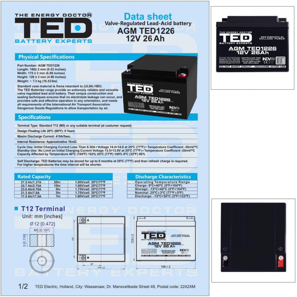 Baterie Reincarcabila M5 12V Stationara VRLA 26Ah AGM, Dimensiuni 165x175x125 mm, TED Electric TED1226, pentru UPS, echipamente medicale, industriale, sisteme securitate si iluminare [5]