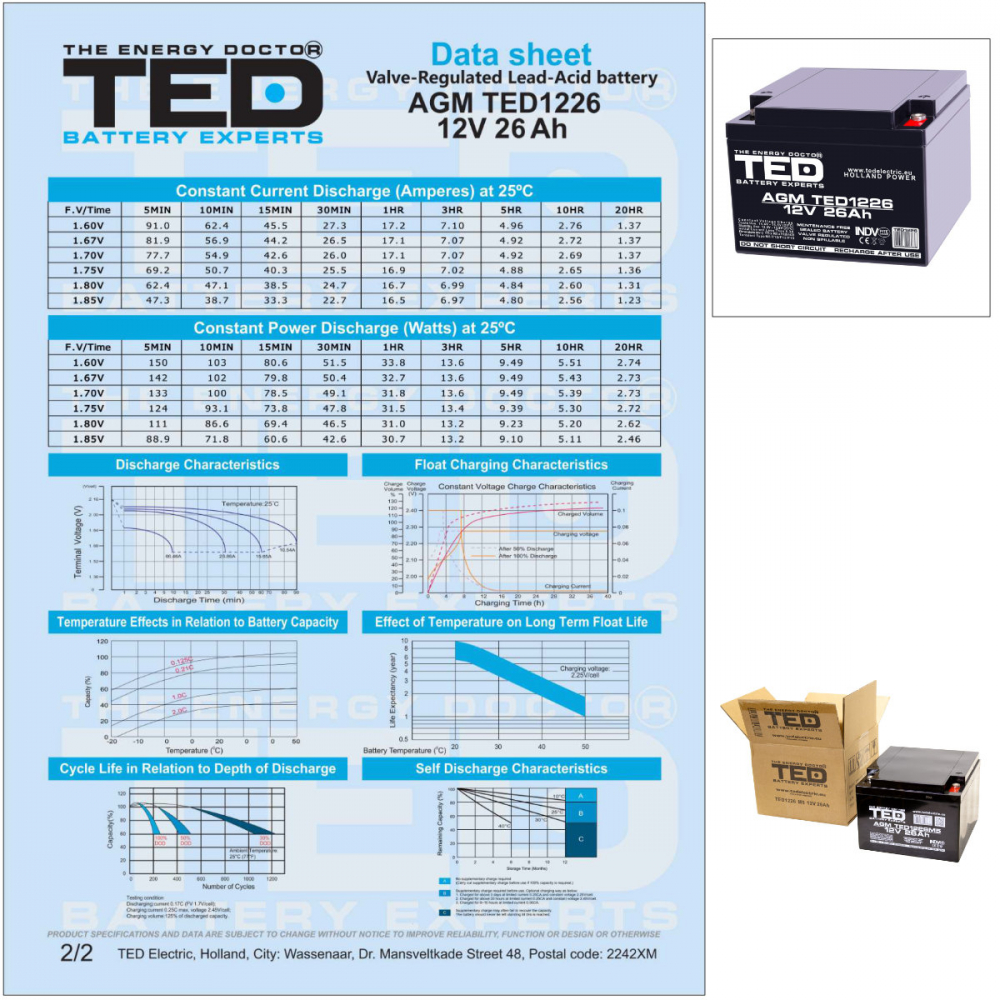 Baterie Reincarcabila M5 12V Stationara VRLA 26Ah AGM, Dimensiuni 165x175x125 mm, TED Electric TED1226, pentru UPS, echipamente medicale, industriale, sisteme securitate si iluminare [6]