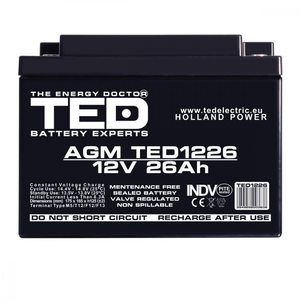 Baterie Reincarcabila M5 12V Stationara VRLA 26Ah AGM, Dimensiuni 165x175x125 mm, TED Electric TED1226, pentru UPS, echipamente medicale, industriale, sisteme securitate si iluminare [2]