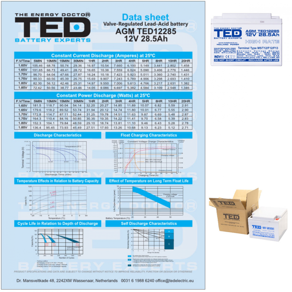 Baterie Reincarcabila M5 12V Stationara VRLA 28.5Ah AGM High Rate, Dimensiuni 165x175x125 mm, TED Electric TED12285, pentru sisteme UPS, echipamente medicale, industriale, iluminat, stocare energie [6]