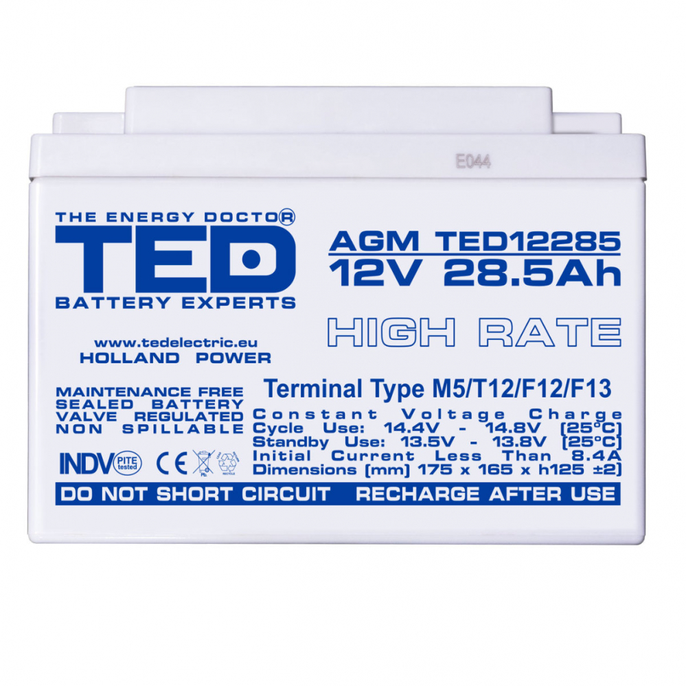 Baterie Reincarcabila M5 12V Stationara VRLA 28.5Ah AGM High Rate, Dimensiuni 165x175x125 mm, TED Electric TED12285, pentru sisteme UPS, echipamente medicale, industriale, iluminat, stocare energie [2]