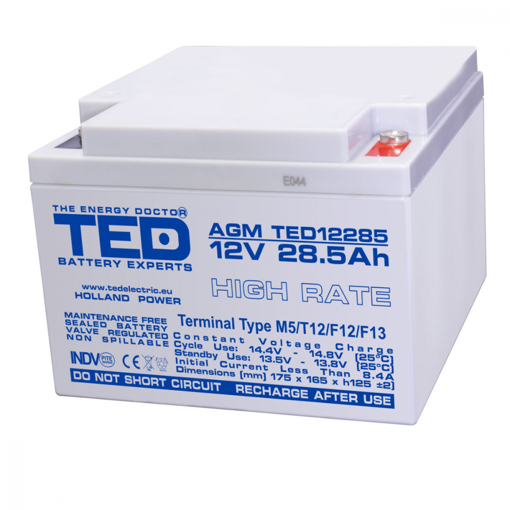 Baterie Reincarcabila M5 12V Stationara VRLA 28.5Ah AGM High Rate, Dimensiuni 165x175x125 mm, TED Electric TED12285, pentru sisteme UPS, echipamente medicale, industriale, iluminat, stocare energie [1]