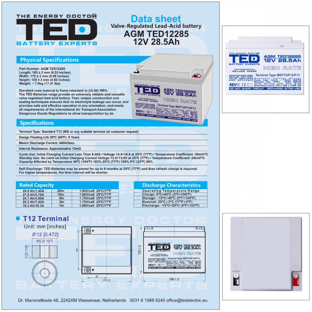 Baterie Reincarcabila M5 12V Stationara VRLA 28.5Ah AGM High Rate, Dimensiuni 165x175x125 mm, TED Electric TED12285, pentru sisteme UPS, echipamente medicale, industriale, iluminat, stocare energie [5]