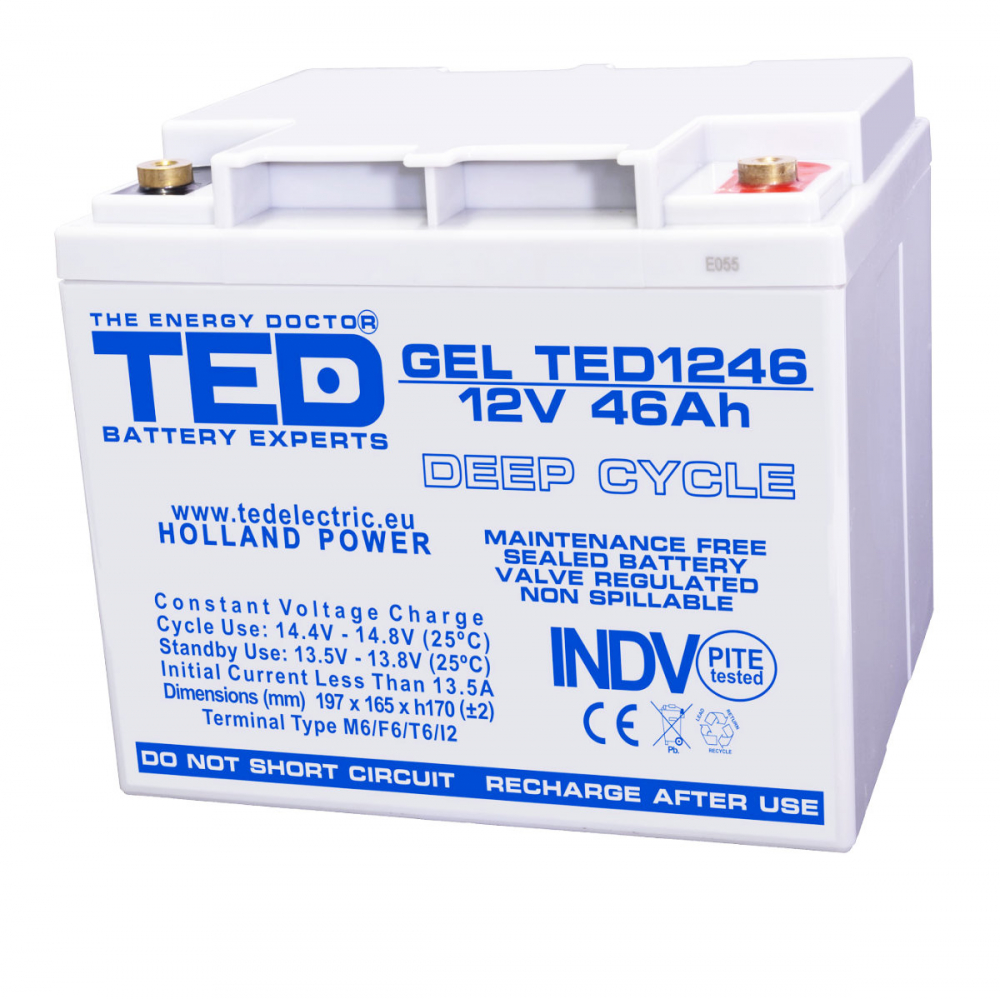 Baterie Reincarcabila M6 12V Stationara VRLA 46Ah GEL Deep Cycle, Dimensiuni 197x166x171 mm, TED Electric TED1246, pentru sisteme UPS, energie regenerabila, echipamente medicale si industriale [1]